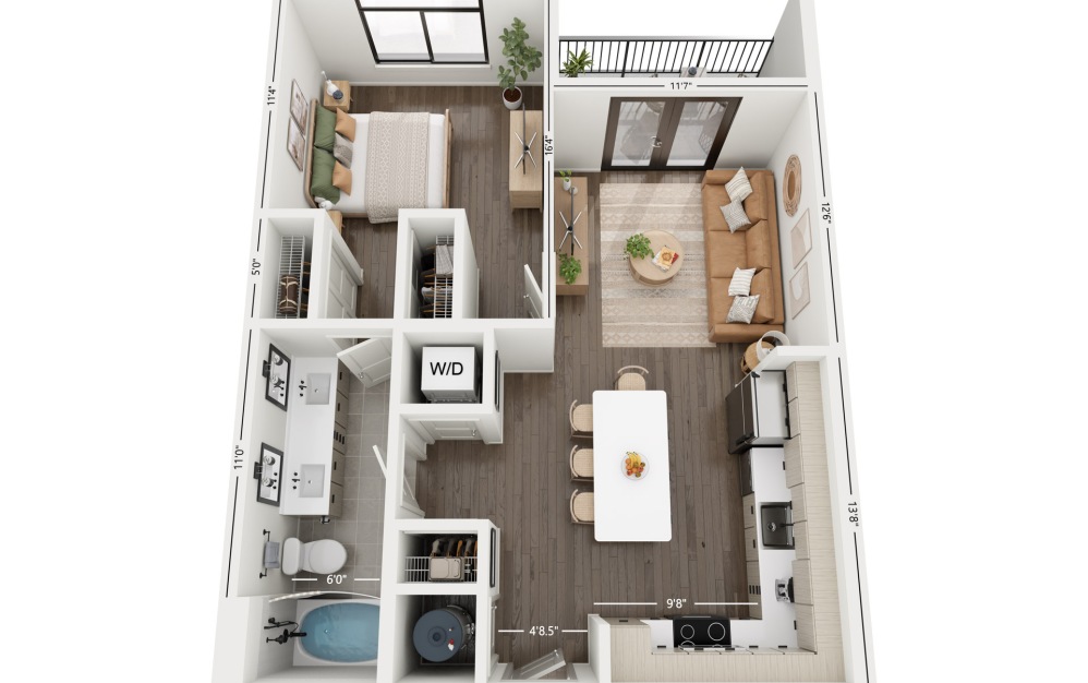 1A - 1 bedroom floorplan layout with 1 bathroom and 699 square feet