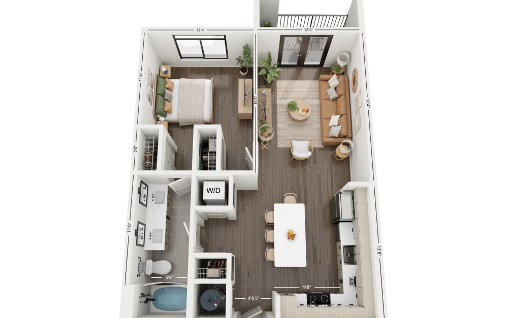 1B - 1 bedroom floorplan layout with 1 bathroom and 760 square feet