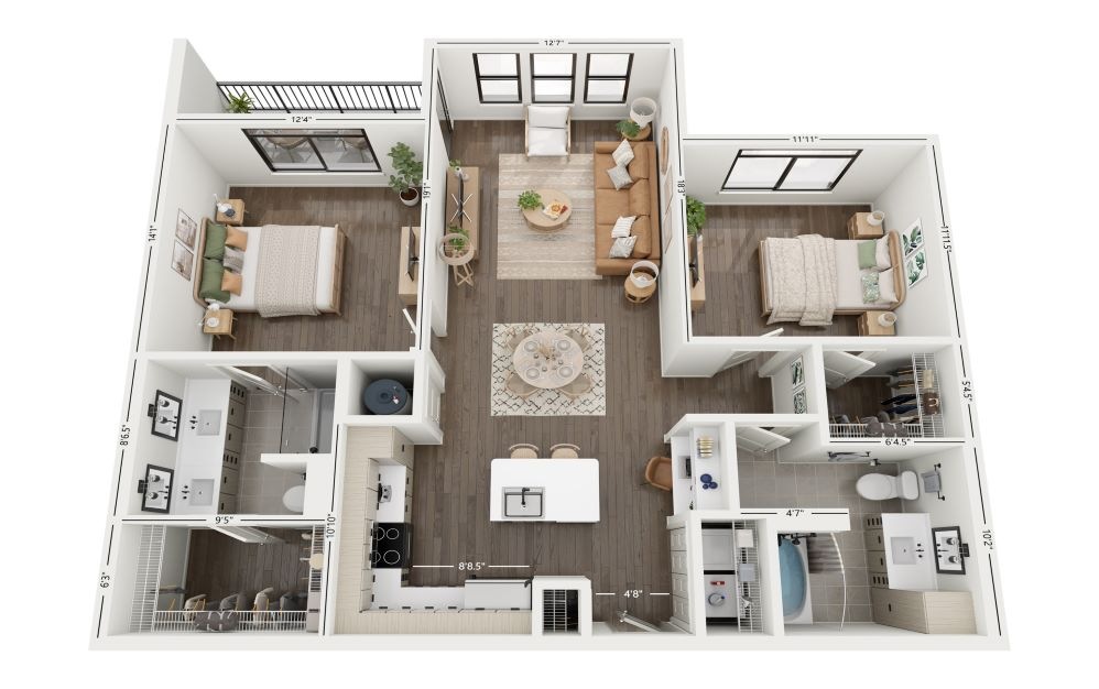 2A - 2 bedroom floorplan layout with 2 baths and 1080 square feet. (Floor 2)