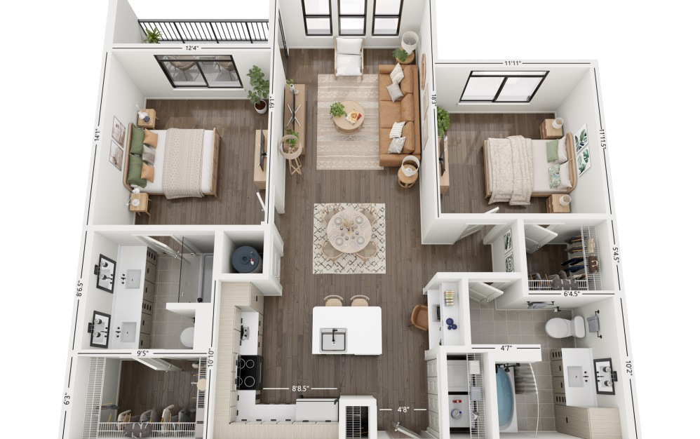 2A - 2 bedroom floorplan layout with 2 bathrooms and 1080 square feet