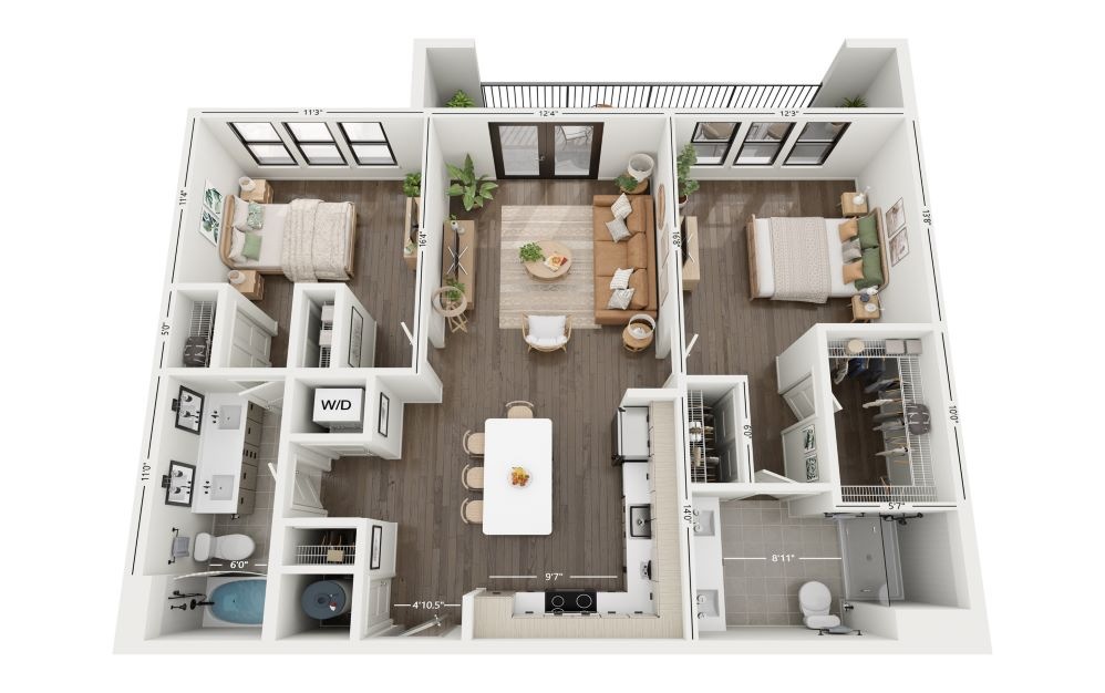 2B - 2 bedroom floorplan layout with 2 baths and 1142 square feet. (Floor 2)