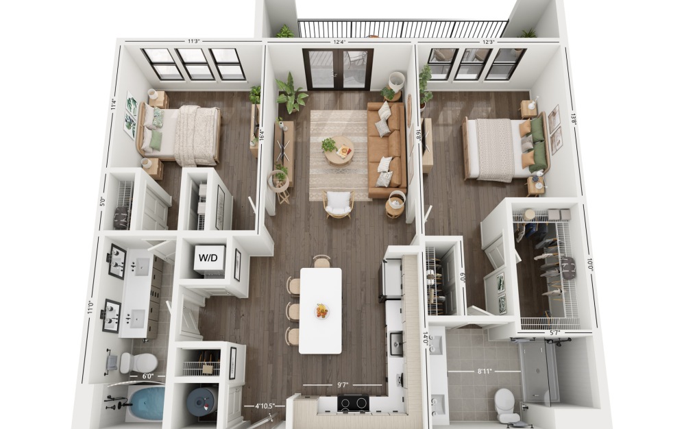 2B - 2 bedroom floorplan layout with 2 bathrooms and 1142 square feet