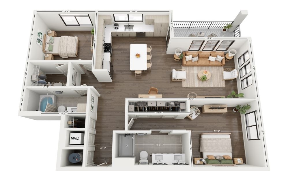 2C - 2 bedroom floorplan layout with 2 baths and 1282 square feet. (Floor 2)