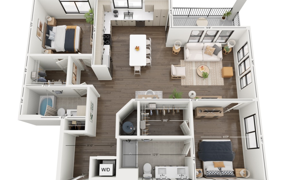 2C - 2 bedroom floorplan layout with 2 bathrooms and 1282 square feet