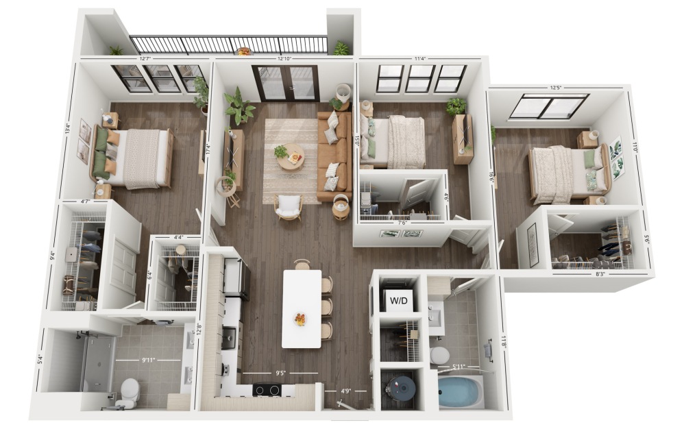 3A - 3 bedroom floorplan layout with 2 bathrooms and 1354 square feet