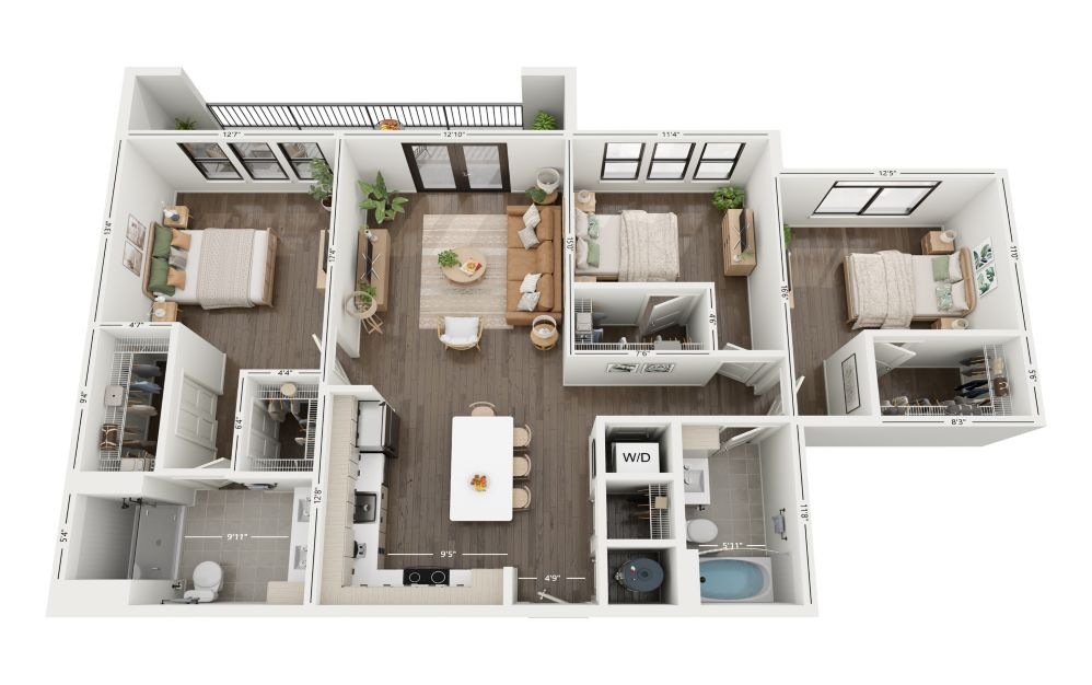 3A - 3 bedroom floorplan layout with 2 baths and 1354 square feet. (Floor 2)